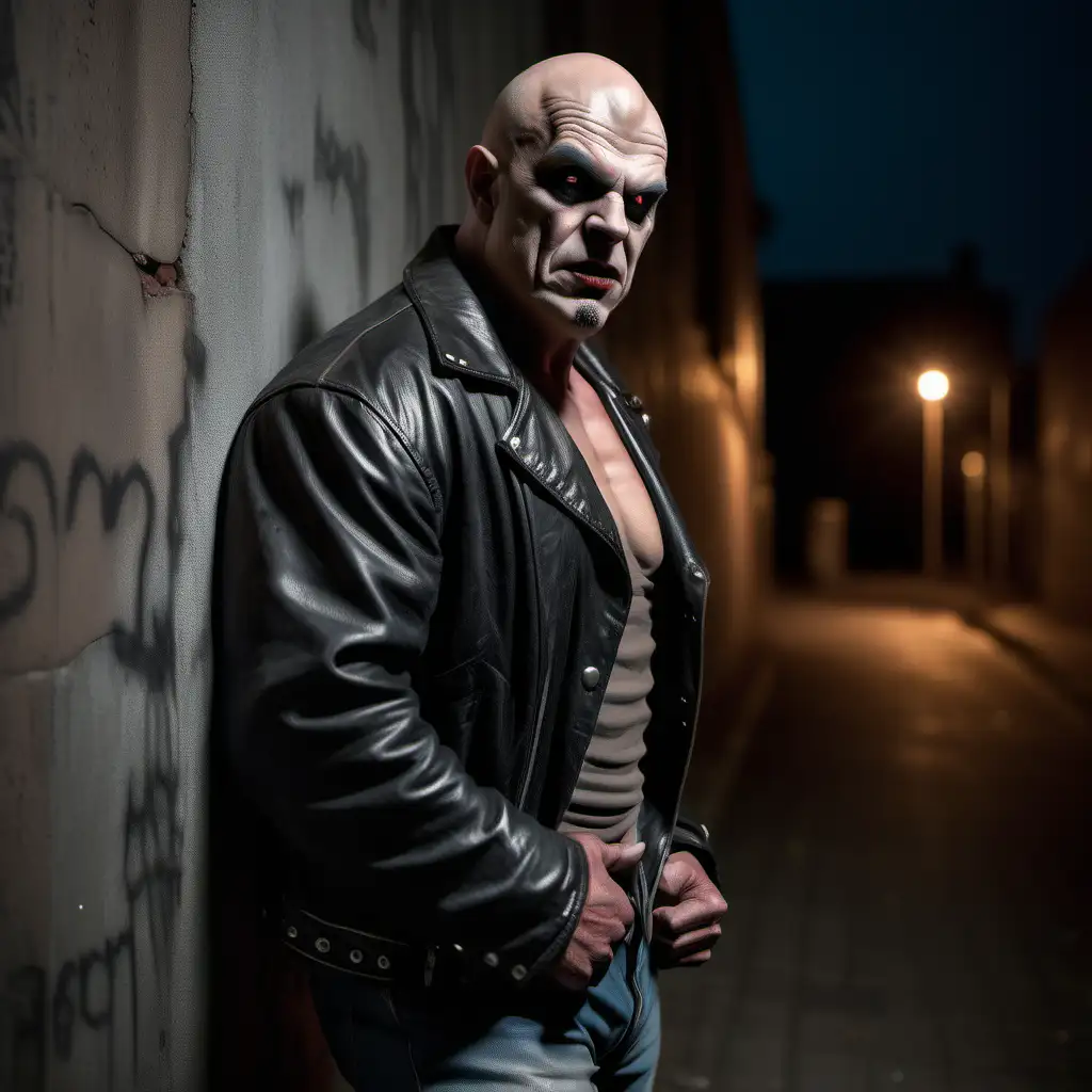 A bald Gangrel vampire, 190 cm tall, rocker, middle aged, wearing a t-shirt and a worn-out leather jacket, leaning against a wall, outside in the night, realistic, bodybuilder physique