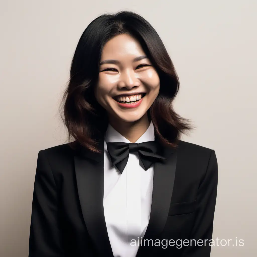 a smiling and giggling Vietnamese woman with shoulder-length hair wearing a tuxedo with a white shirt and a black bow tie, black pants