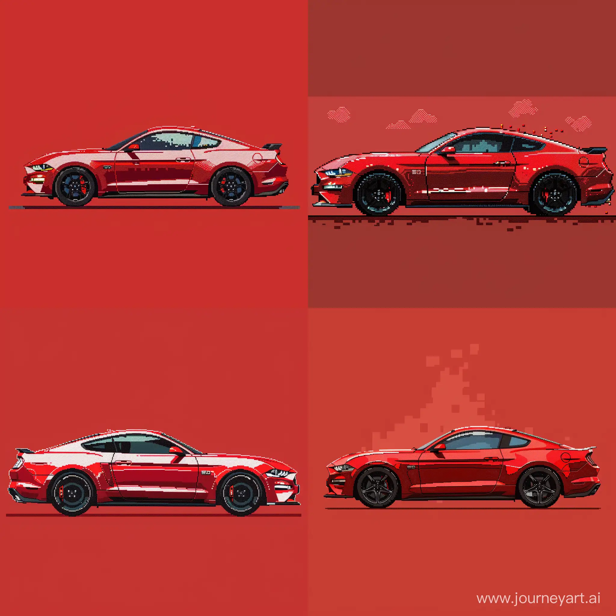 Car Side View Illustration in 8-bit Pixel Art Style: Red Ford Mustang 2023, Red Background, Extremely Details