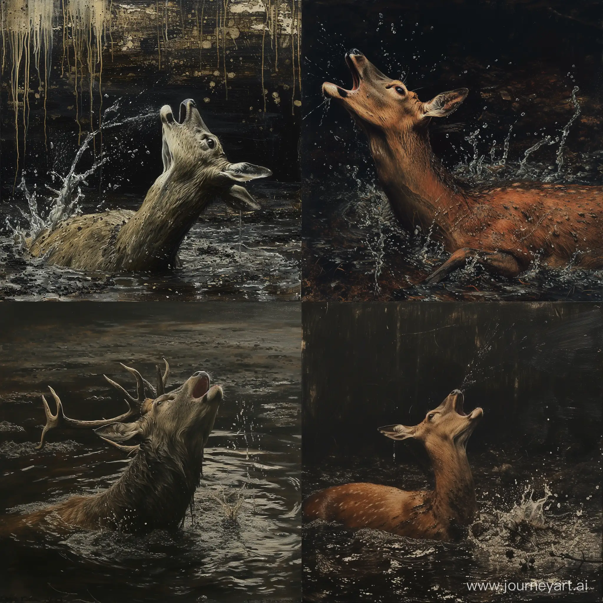 A deer drowns in a swamp, body under water,  screams in despair, fear, looking up,  coast, splash water, (from bottom:1.2), from side, from afar, black water, dirt, oil on canvas, (ivan shishkin:0.1),   <lora:ClassipeintXL2.0:0.3> ,best quality, high resolution, extreme detail, outstanding composition, masterpiece,