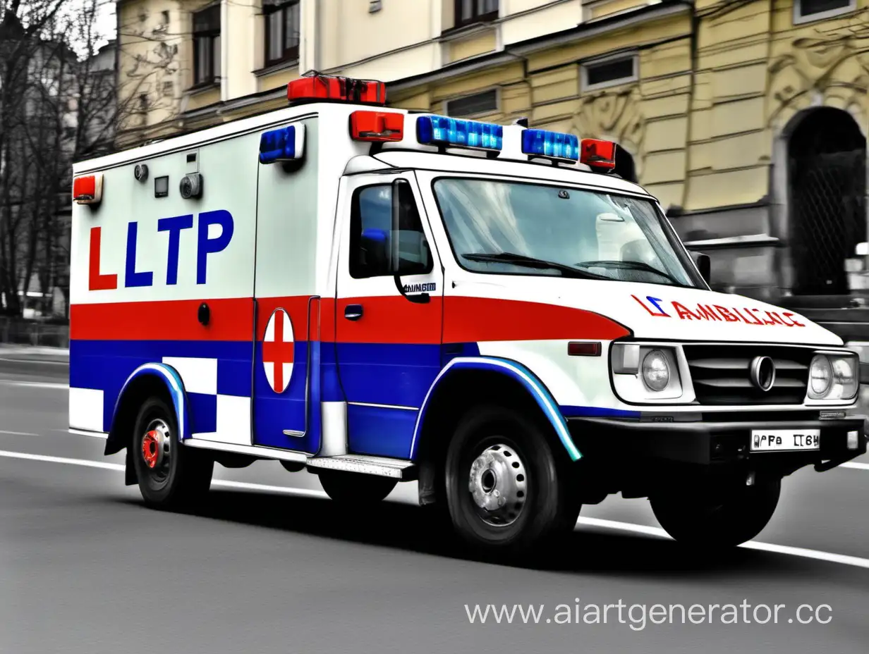машина скорой помощи, приплюснутый капот с красными и синими полосами, Знак Одолень-травы на боковых панелях, над лобовым стеклом «ЛТП», славянский стиль