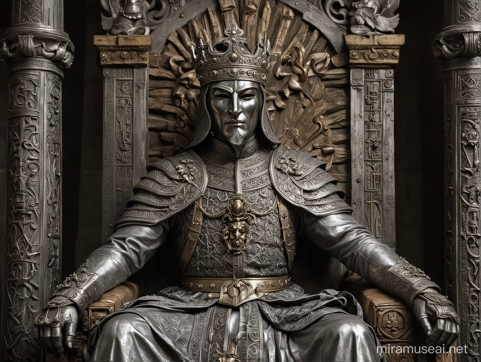 an imposing figure sitting on a kings throne witha silver mask