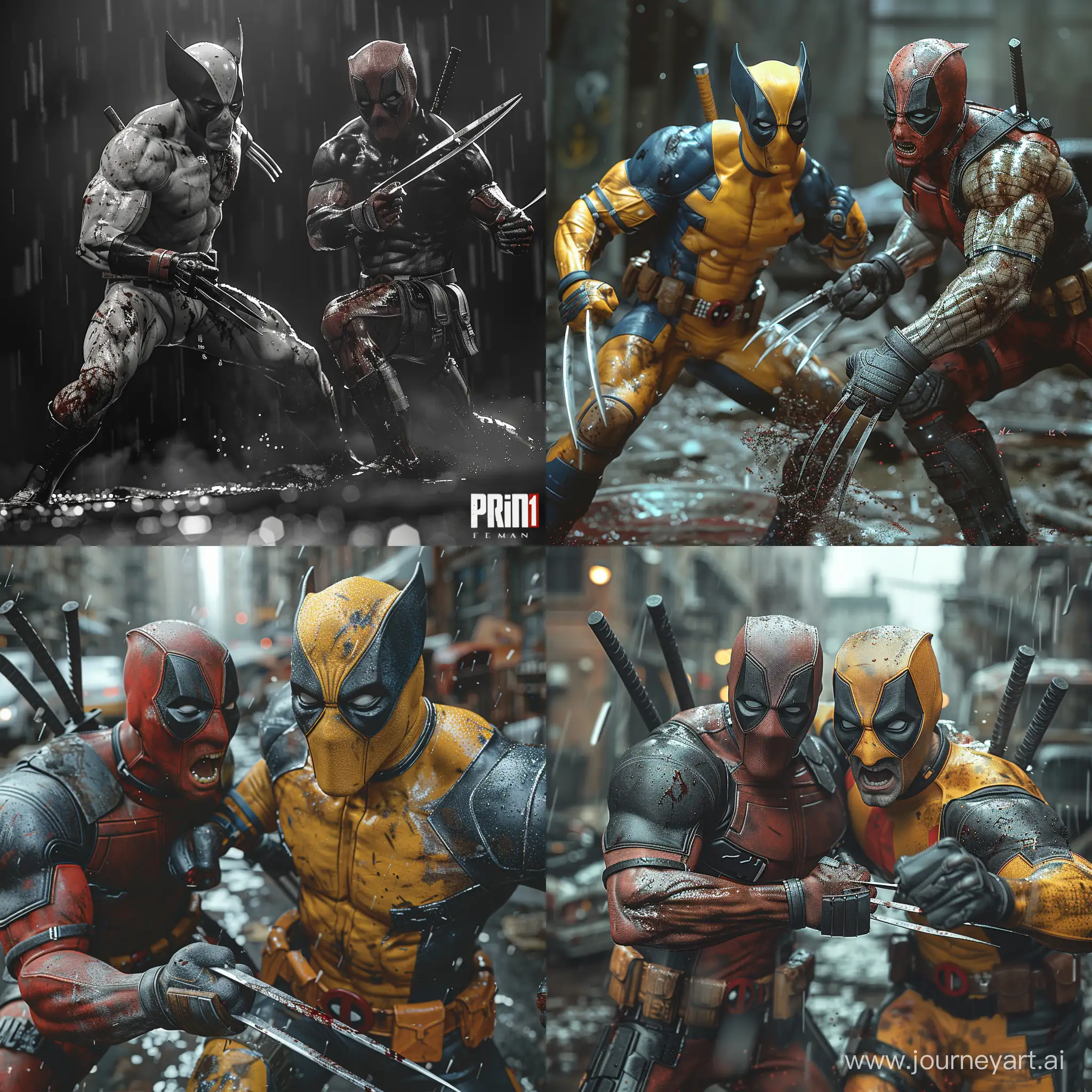 realistic wolverine from x man and deadpool fighting, cinematic, dark, prime 1 studio, (awe-inspiring:1.1), majestic, pompous, ( (leviating:1.5), extreme detailed, chiaroscuro, harsh shadows, bloody highly detailed --style raw --stylize 500