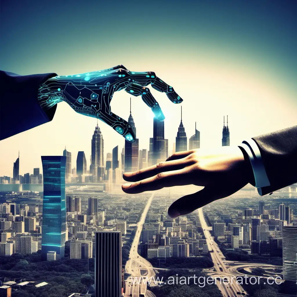 Human-and-AI-Hands-Reaching-Across-Futuristic-Cityscape