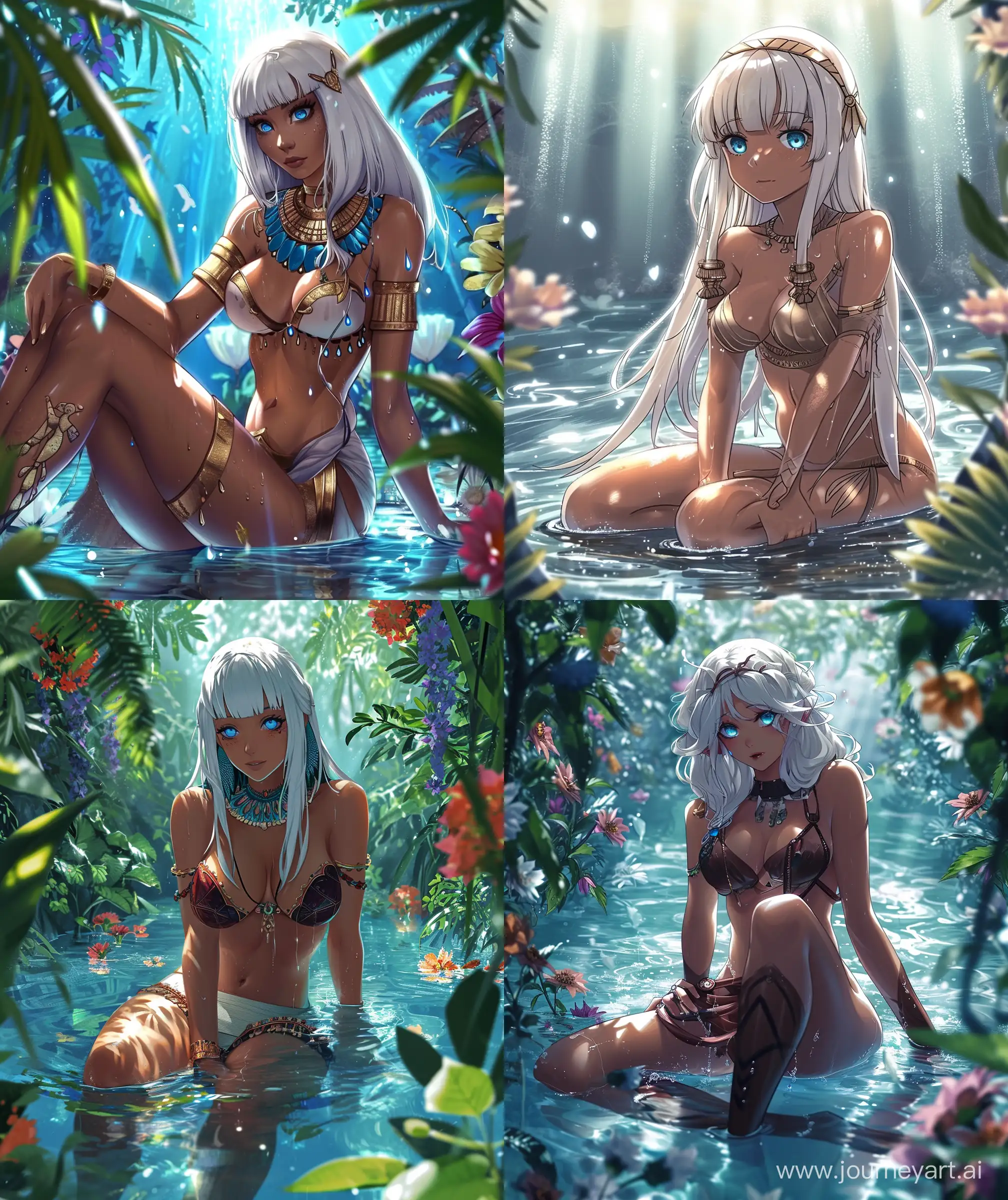 A beautiful anime egyptian princess with white hair and blue eyes sitting in the water surrounded by water and flowers, in the style of realistic semi-anime portrait, fantasy scene , lumination lighting, glossy body, --ar 27:32 --v 6 --c 10