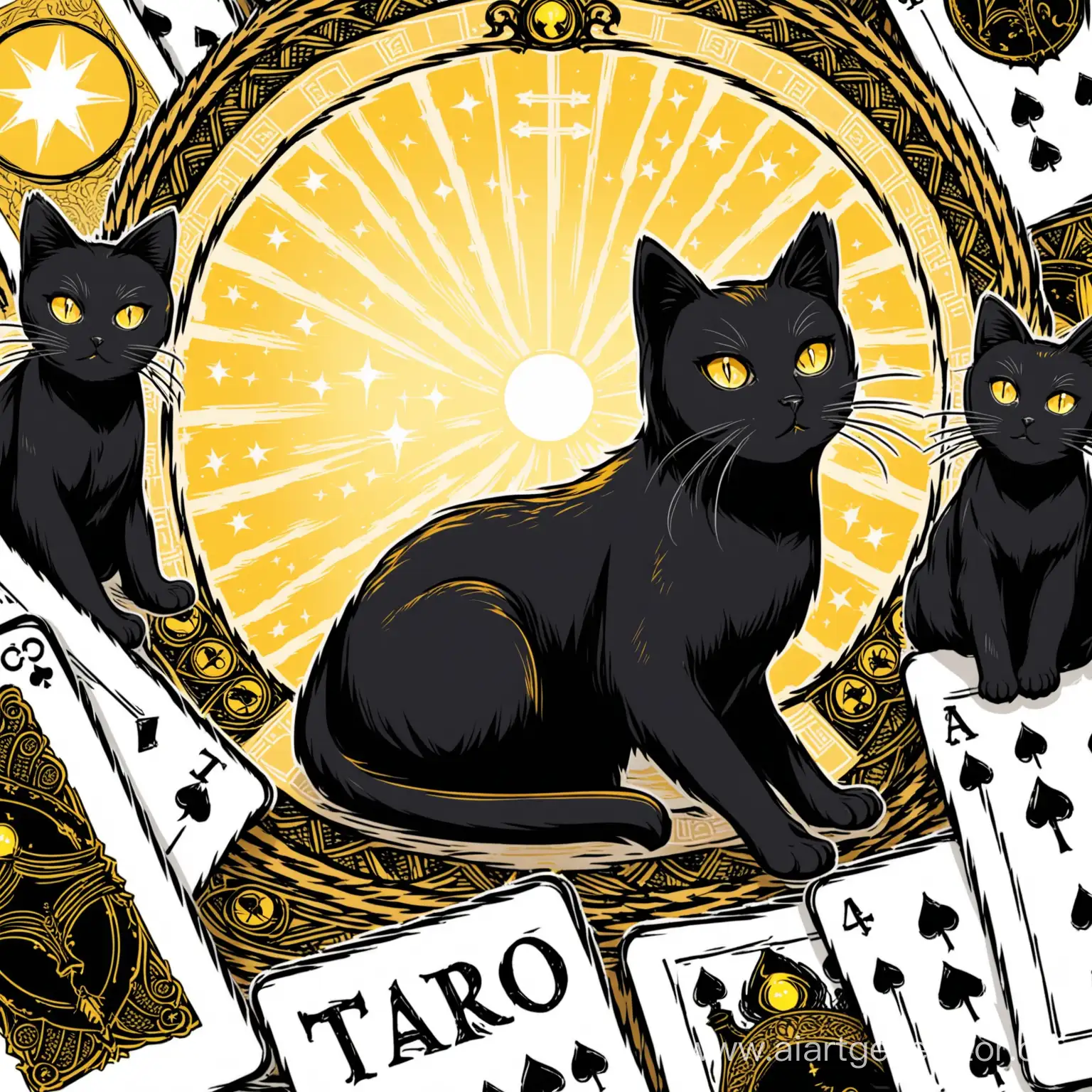 Mystical-Black-Cats-with-Yellow-Eyes-Surrounded-by-Tarot-Cards-on-White-Background
