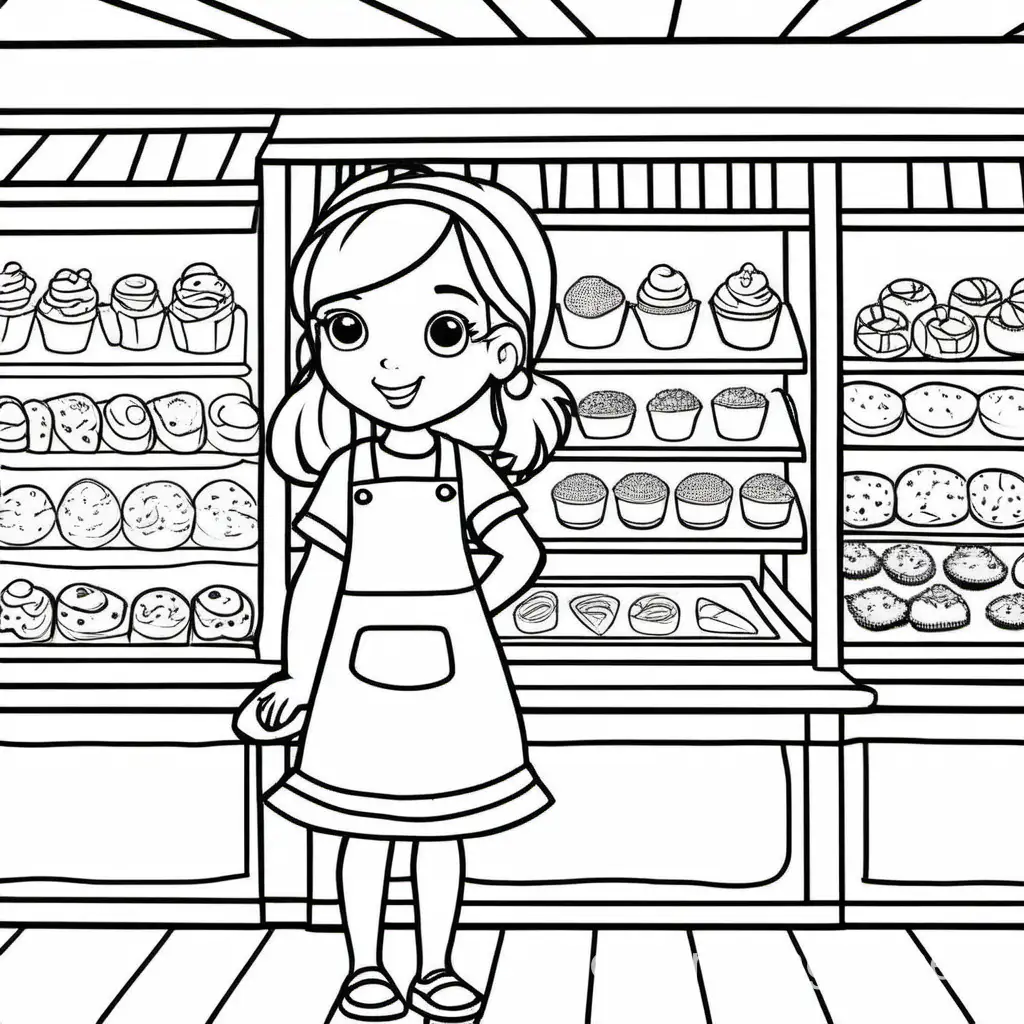 a girl in a bakery shop

, Coloring Page, black and white, line art, white background, Simplicity, Ample White Space. The background of the coloring page is plain white to make it easy for young children to color within the lines. The outlines of all the subjects are easy to distinguish, making it simple for kids to color without too much difficulty