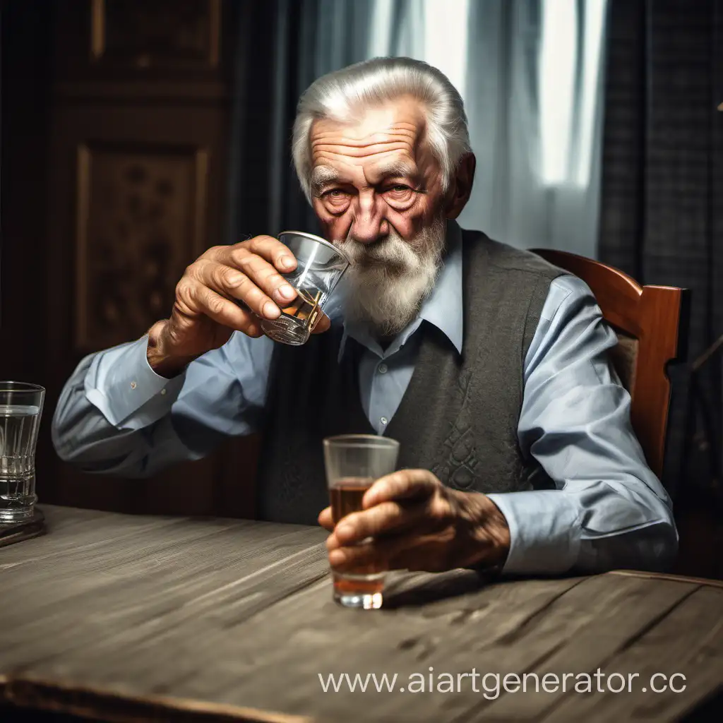 Дед пьет рюмку водки за столом, советский стиль, дед с седеной