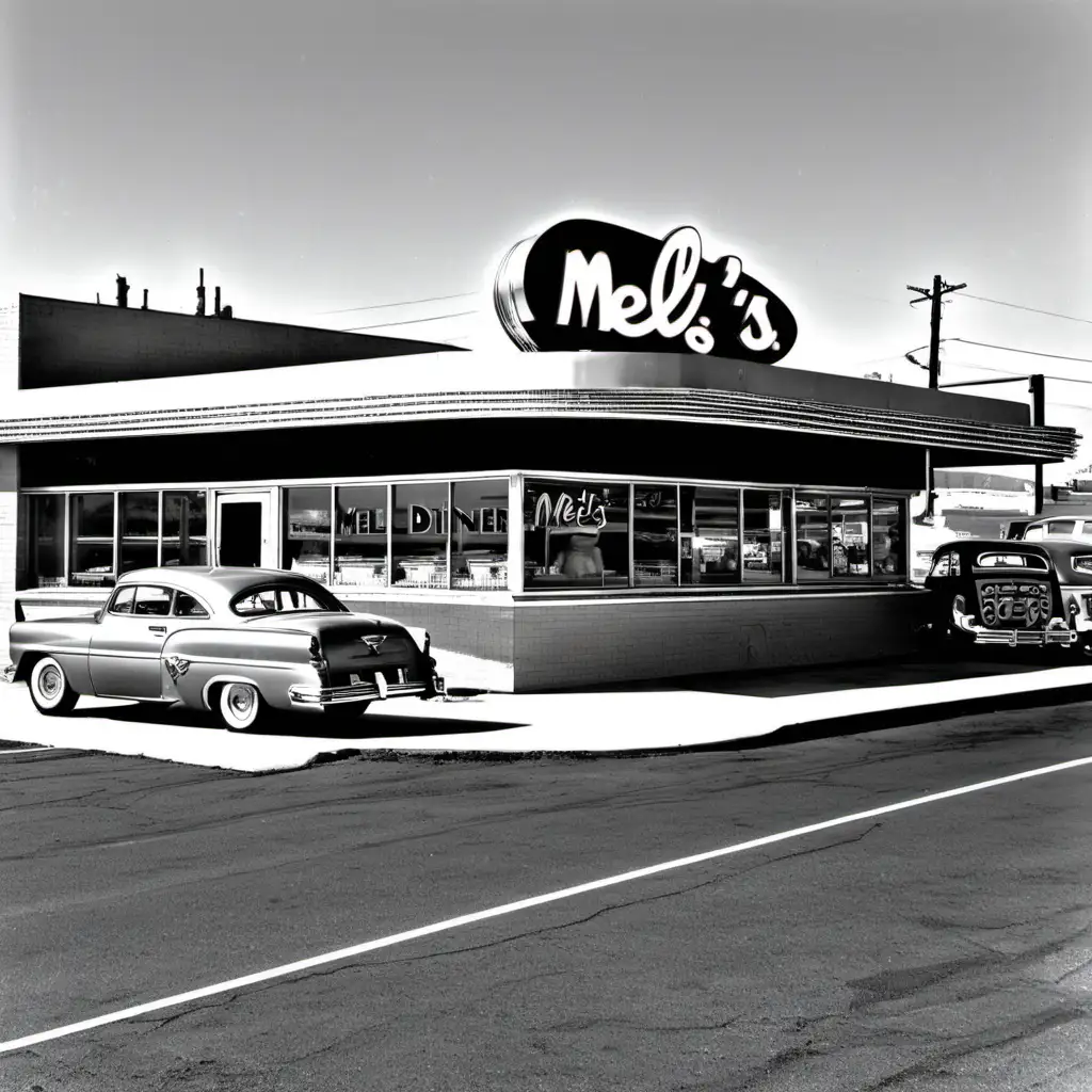 comic looking photo of Mel's diner in the 1950s