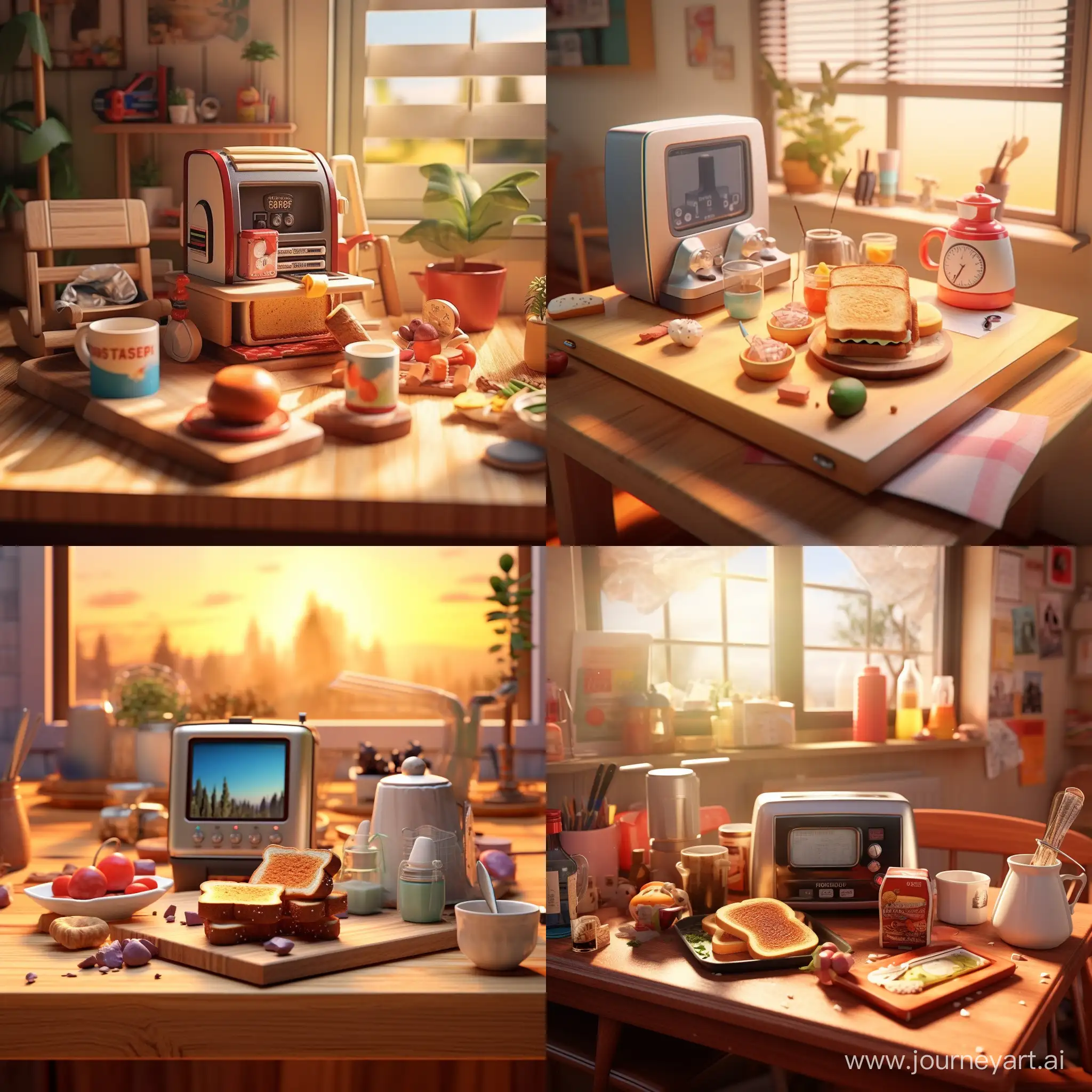 create a picture of a Sony toaster standing on a table. Two pieces of toast pop out of the toaster and are crispy toasted. On the table are jams and sandwiches and other things for a delicious breakfast