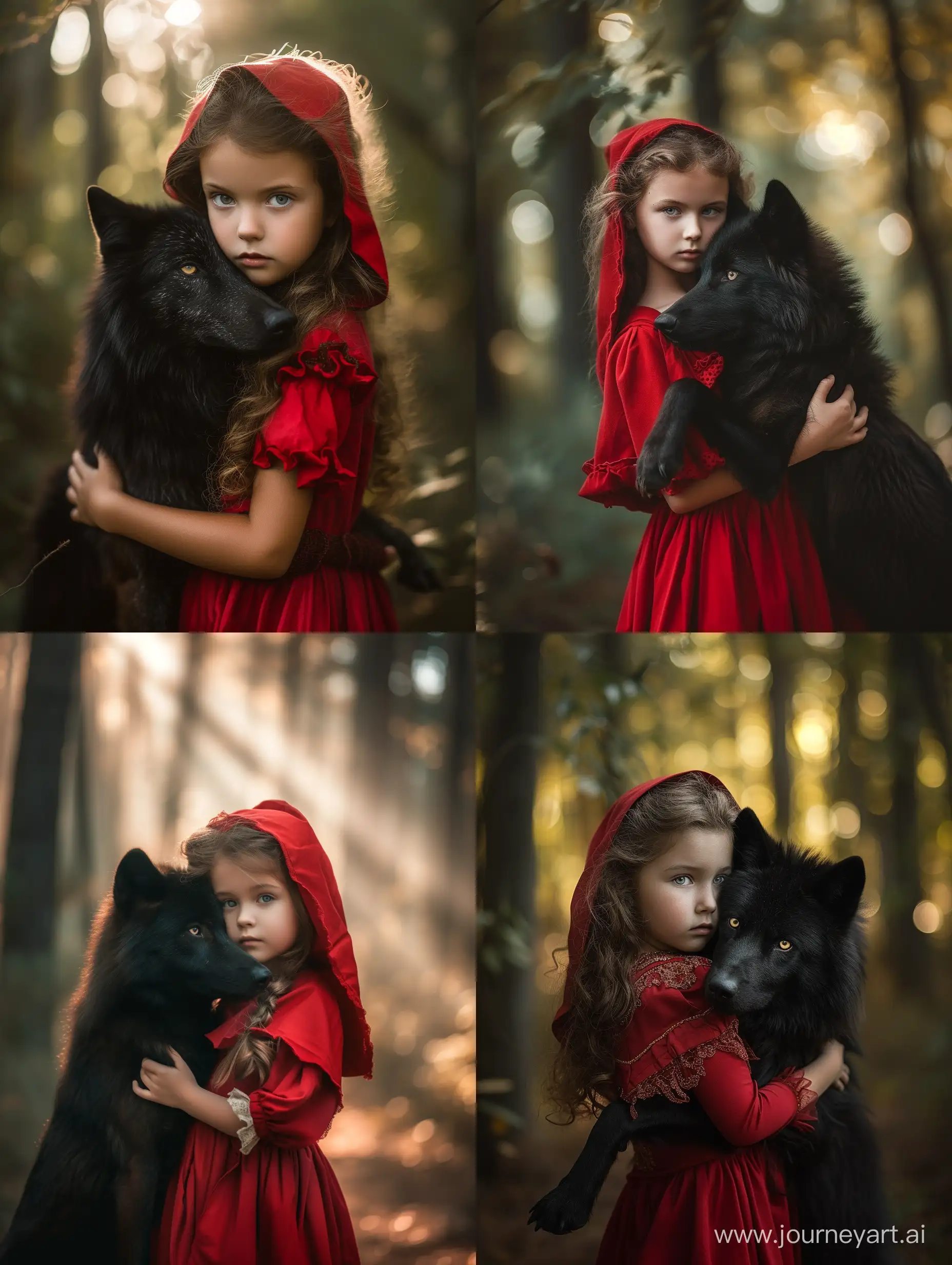 little red riding hood, pretty young girl, holds the black wolf in her arms, forest, light passing through the trees,realisticPortrait Photography, high quality photograph, In the style of Luis royo —style raw