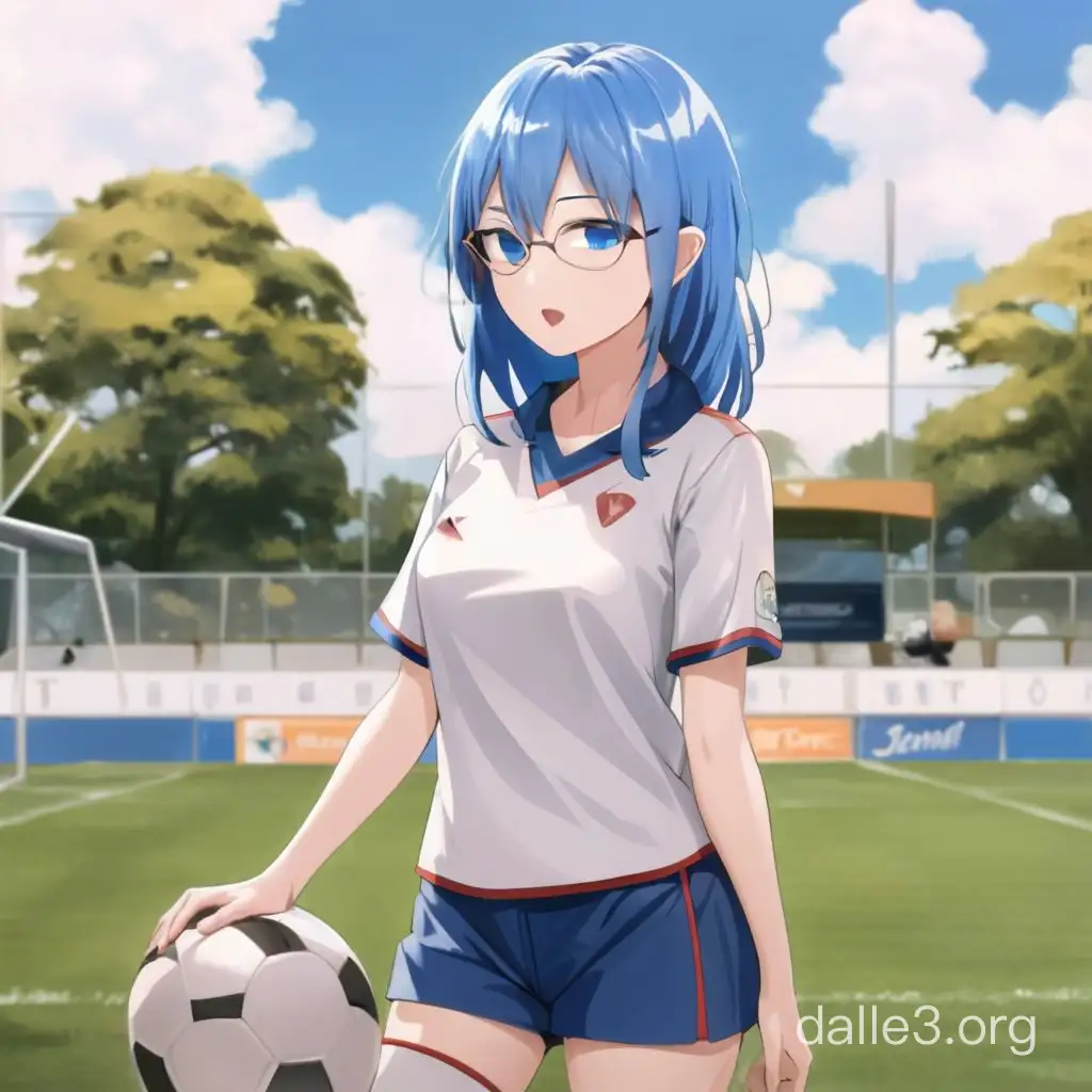 A full body high quality super realistic anime picture about a blue hair girl wearing spectacle, who plays soccer.
