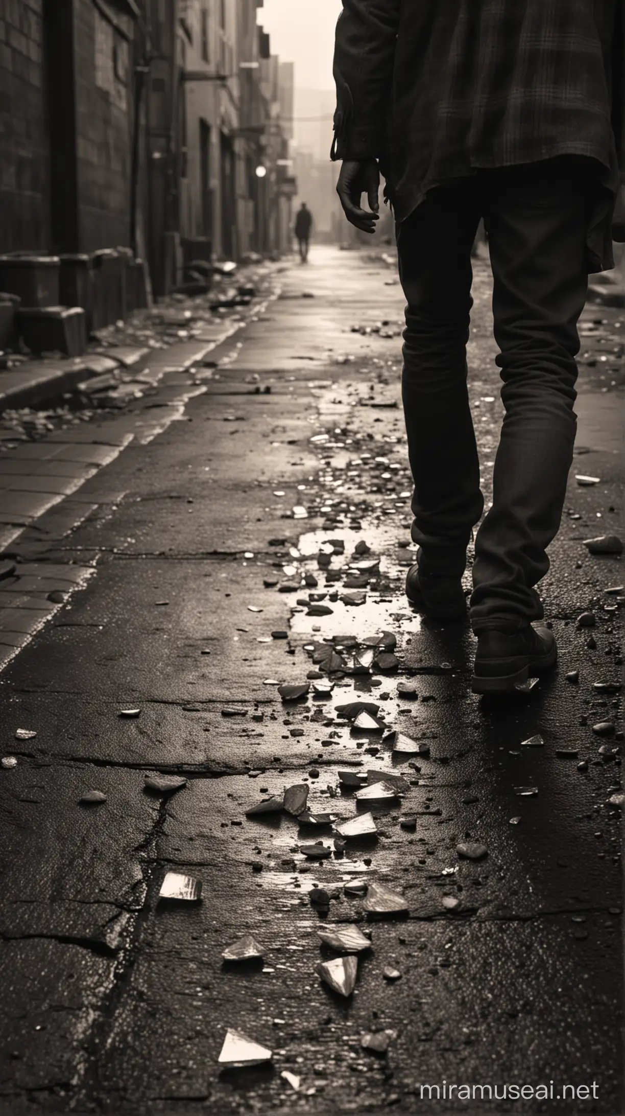 a haggard man with tattered clothes stumbling in dark alley with broken road, nails and broken glass on the road, no light, dark, cinematic, 4K, hyper-realistic, photo from the back, extremely dark, red and sephia ambiance, two white cups spilling coffee on the ground