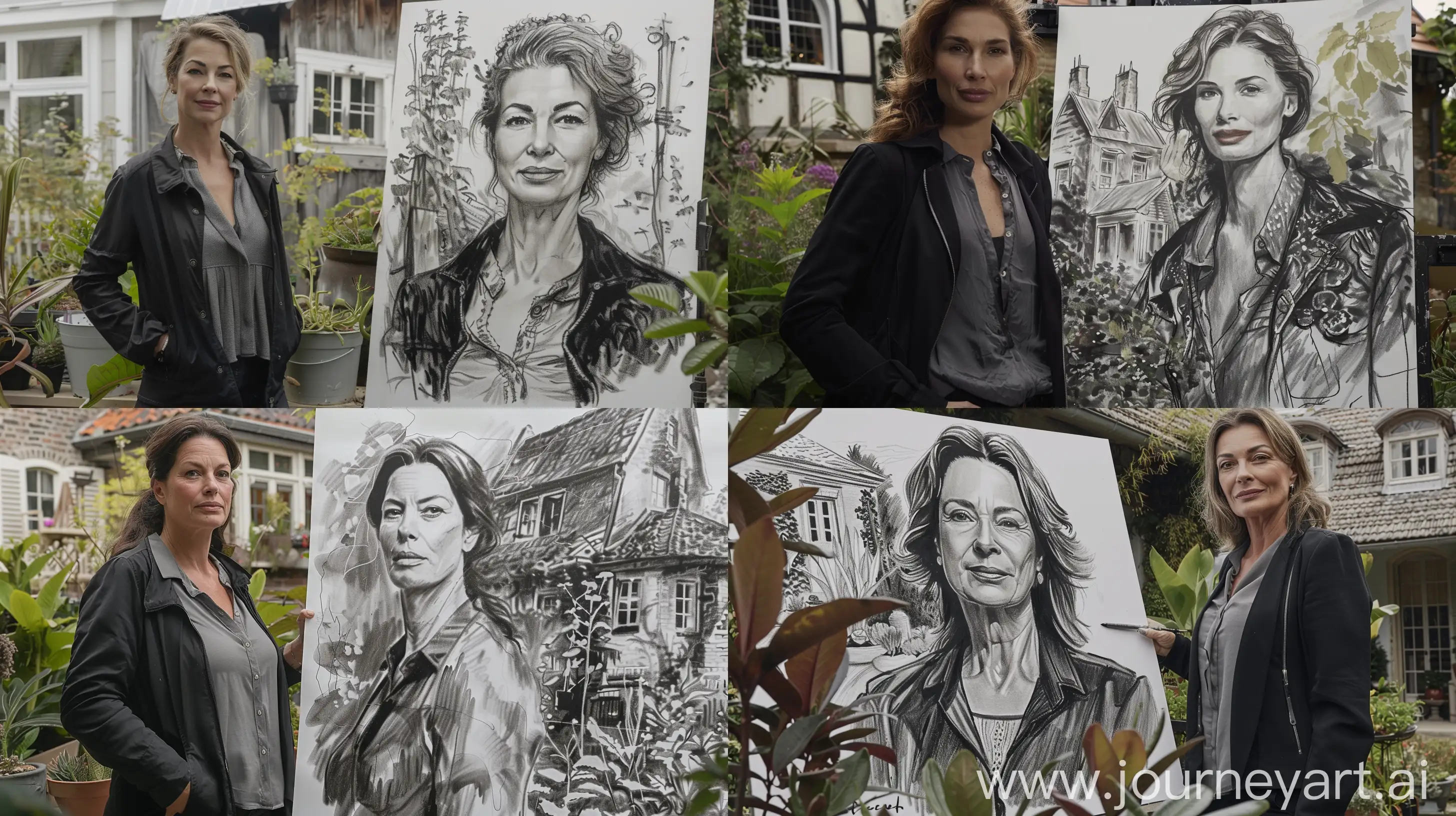 A beautiful woman in her forties wearing a black jacket and a gray blouse, stands next to a large black and white sketch of a woman in her forties, with plants and an old house behind her, The background is an old house in the countryside --ar 16:9