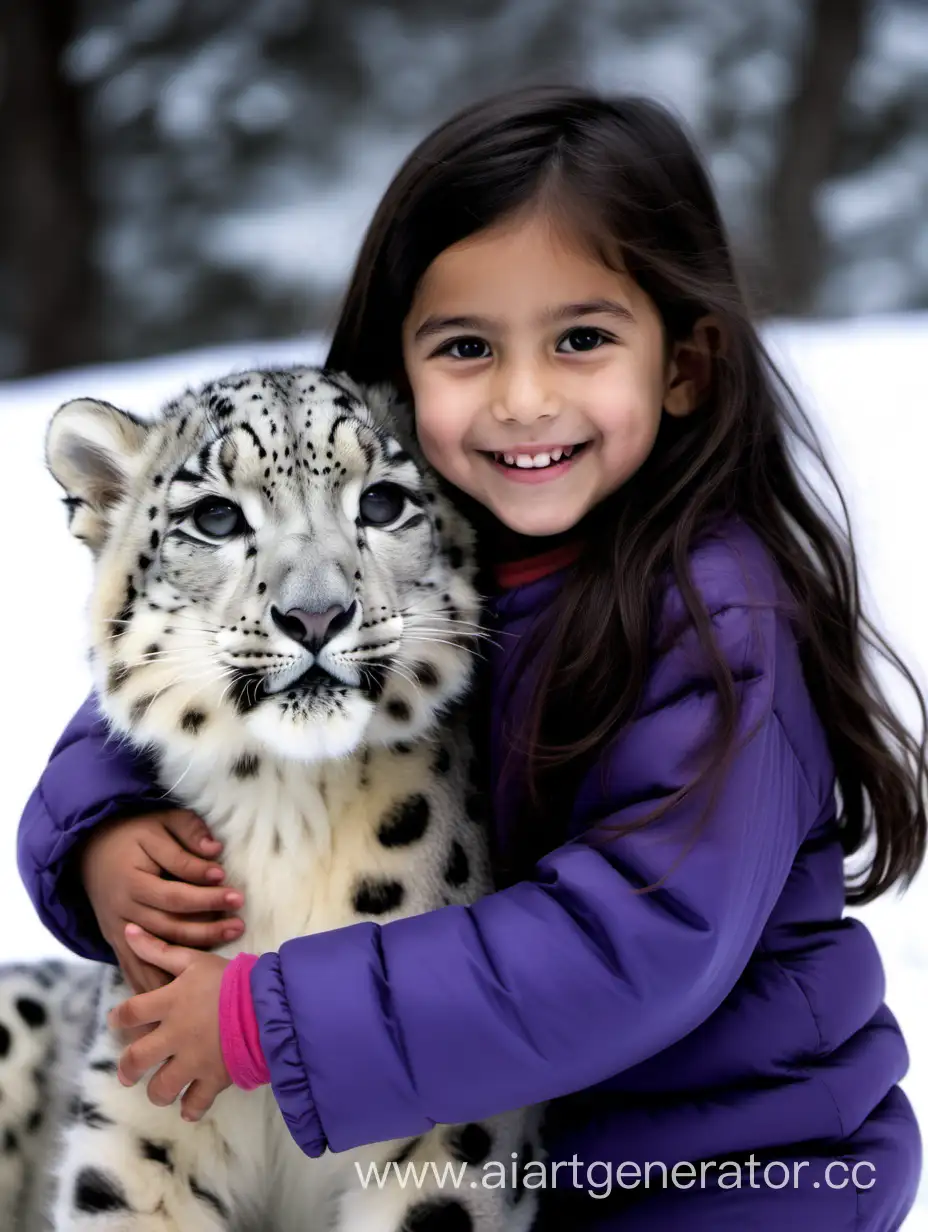 A little girl, four years old with long, dark hair, smiles, gently embracing a large, beautiful snow leopard.