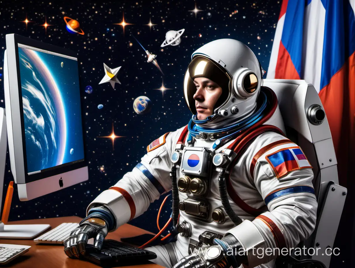 Космонавт из далекого будущего, сидит за компьютером в офисе, детализированный космический костюм похож на броню, на спине реактивный ранец без крыльев, сопла реактивного ранца разогреты и готовы к полету, вокруг красочный космос, звезды, спутники, нашивка с российским флагом на плече