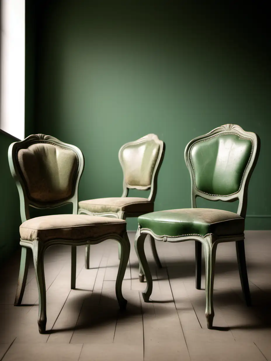 different style vintage dining chairs, two chairs, walls are rough vintage green, perspective view of the whole room, interior, wide shot