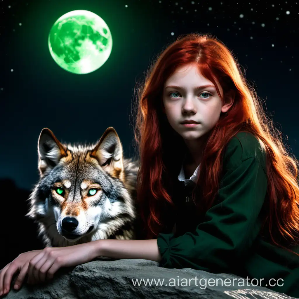 Ночь, на скале стоит девочка 13 лет с рыжими волосами и зелеными глазами. Рядом с ней лежит волк у которого в глазах отсвечивается луна