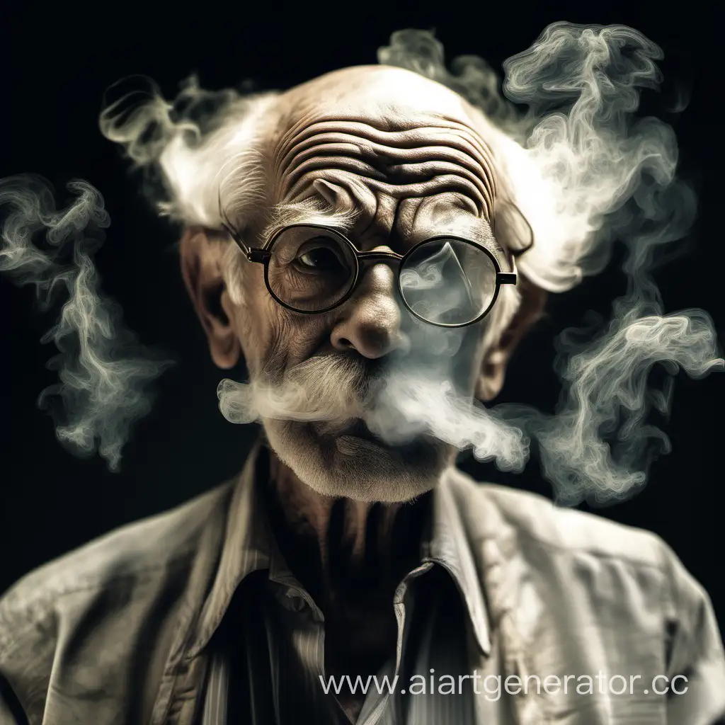 За плотным слоем сигаретного дыма показывается лицо старика. Небольшое морщинистое лицо, с длинными седыми усами и бородой. На голове почти нет волос, что с лихвой компенсируется огромными, пышными бровями, на которых держатся небольшие деревянные очки с тонкой оправой и потрескавшимся стеклом.