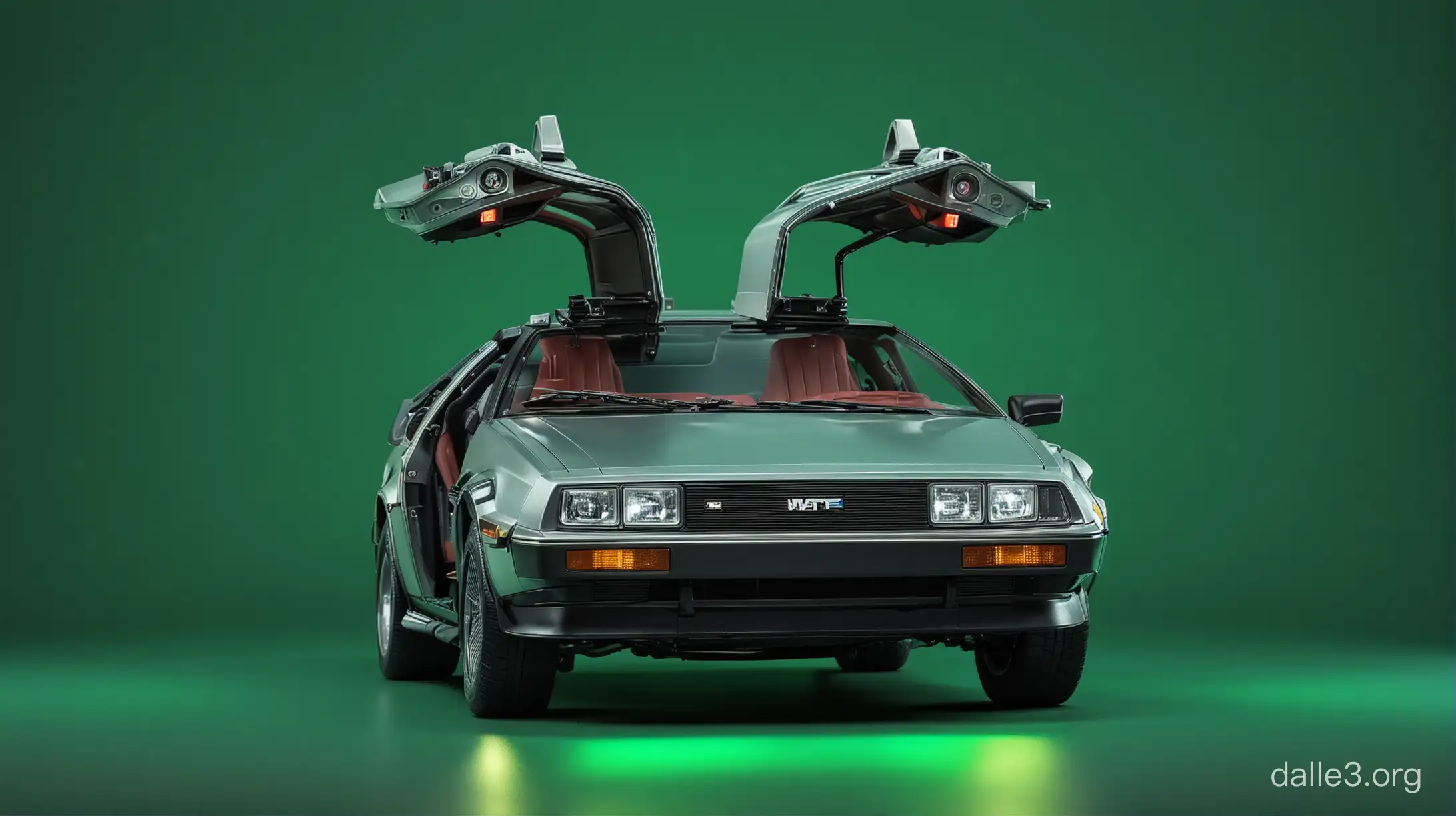 Marty mcfly con el delorian con un croma verde de fondo