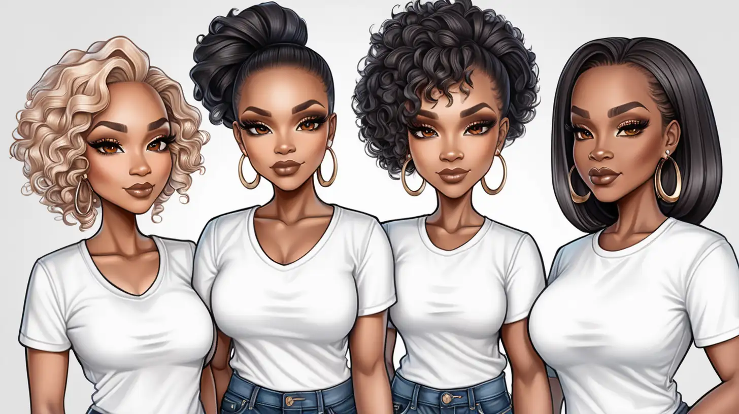envision, chibi-style, a group of three, mature, beautiful, stylish, sophisticated, black woman, impeccable make-up, dressed in white t-shirt and jeans
