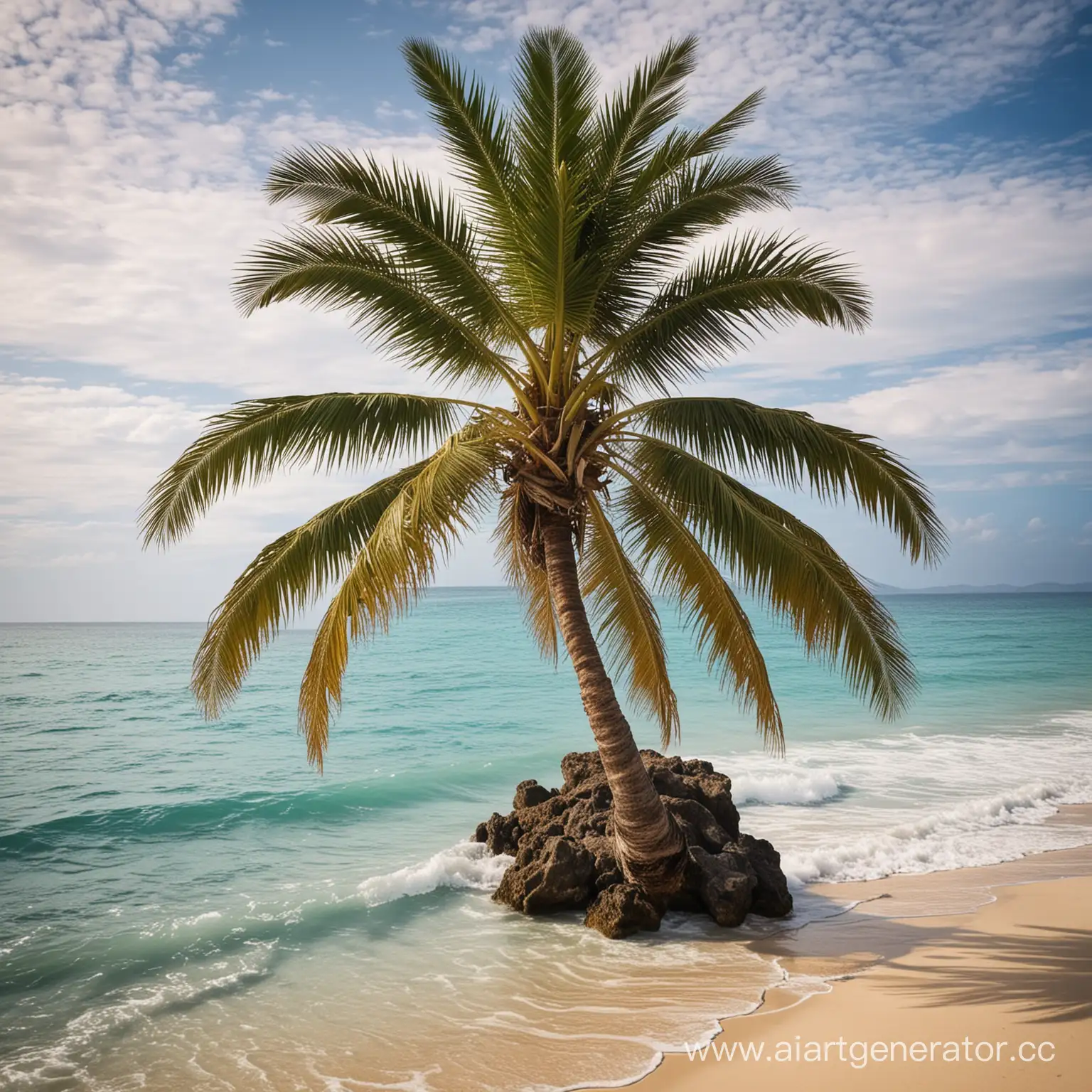 Serene-Beach-Scene-with-Majestic-Palm-Tree