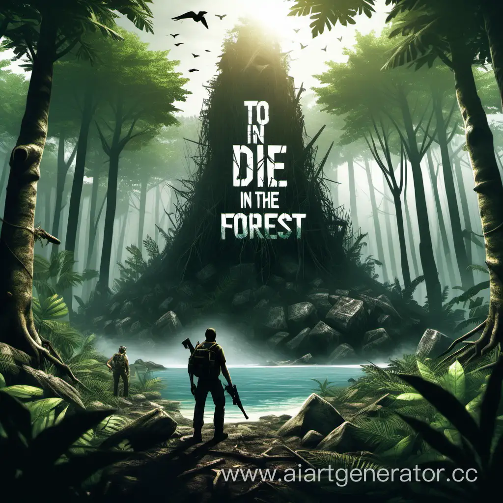 нарисуй постер для игры жанр шутер выживания на острове на котором находятся охотники название игры: to die in the forest