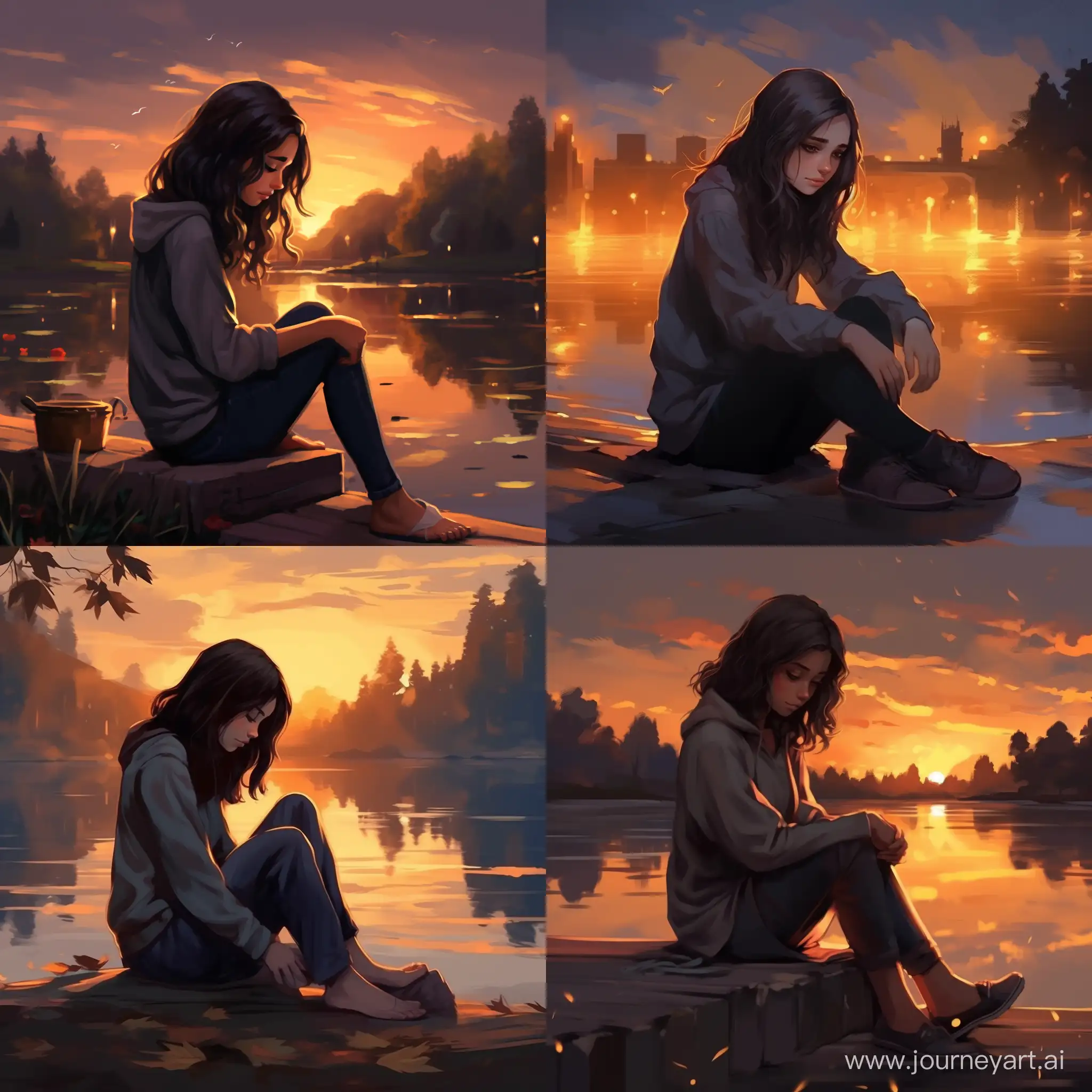 Beautiful girl, shoulder-length dark hair, gray-green eyes, teenager, Hogwarts, Ravenclaw, sad, sitting by the lake with a lighter hugging her knees, evening, autumn, high quality, high detail, cartoon art