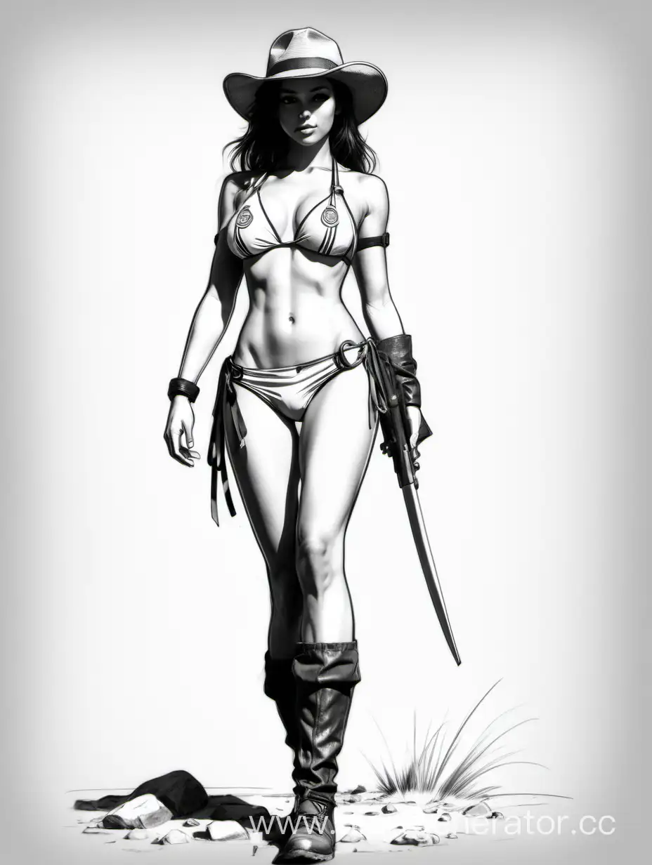 Beautiful-Brunette-Ranger-Poses-in-Bikini-Elegant-Black-and-White-Sketch