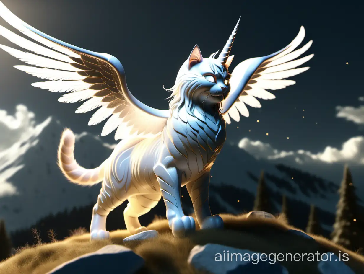 cat with wings, clawed paws, standing on top of a hill, ambient occlusion render, polycount trend, digital art, unicorn from the movie "Tusk", volumetric light rays, warrior of light, luminous white, 8K