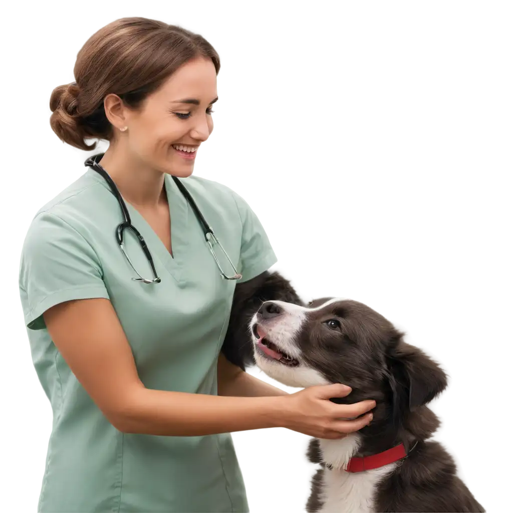 foto realista de un veterinario examinando a un perrito muy contento