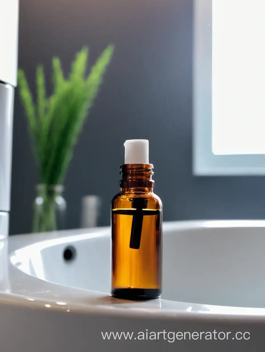 The bottle with essential oil stands in the bathroom.