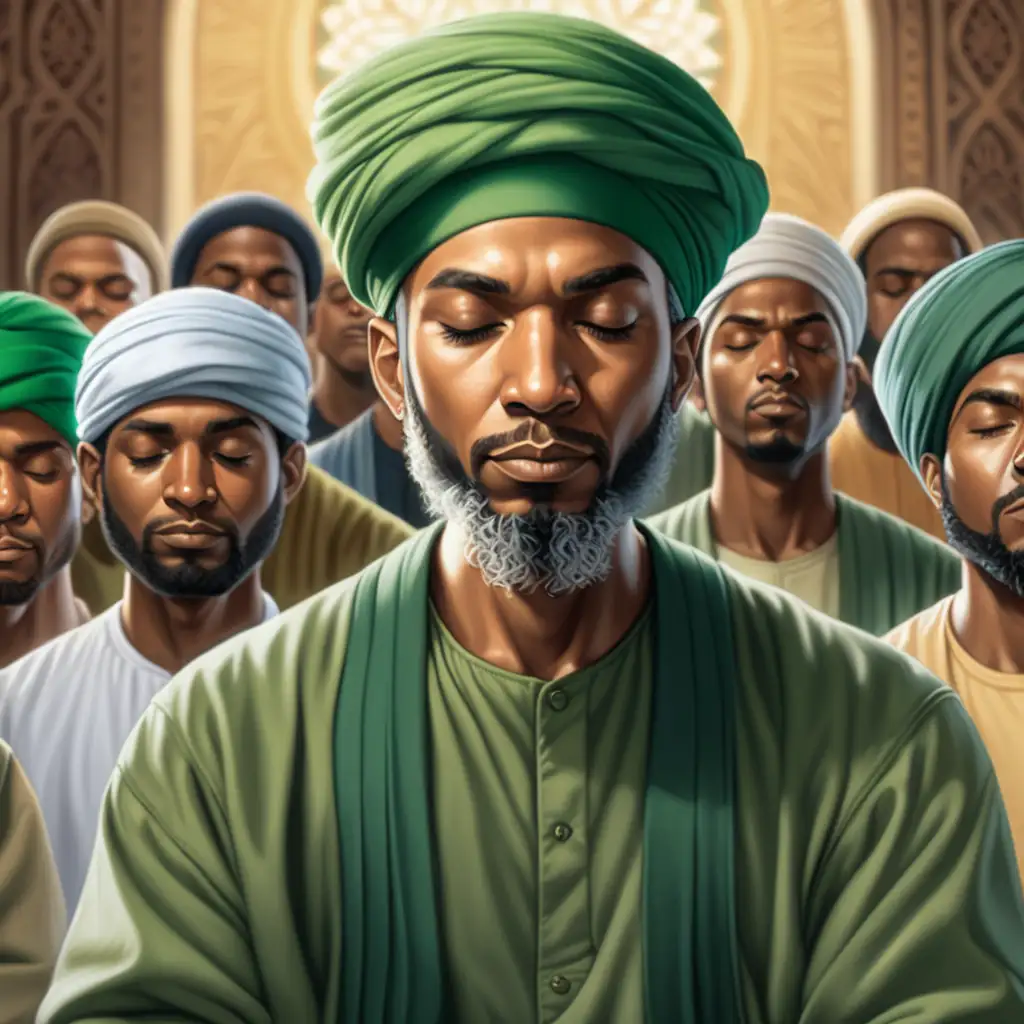 70.000 black muslim prophets, short mustache, meditating, green turban, eyes closed, green suna outfit