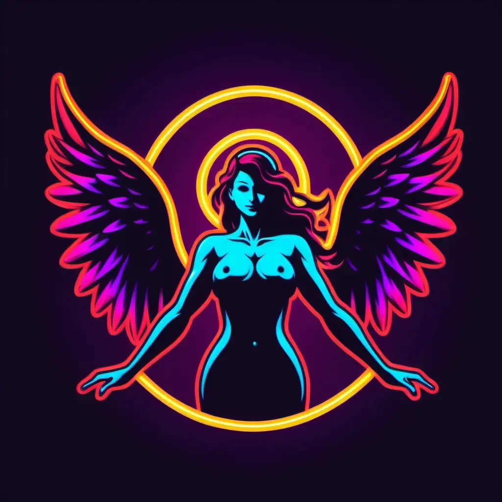 business logo silohuette of a woman with angel wings a devils tail and a halo vibrant  neon colorscolors