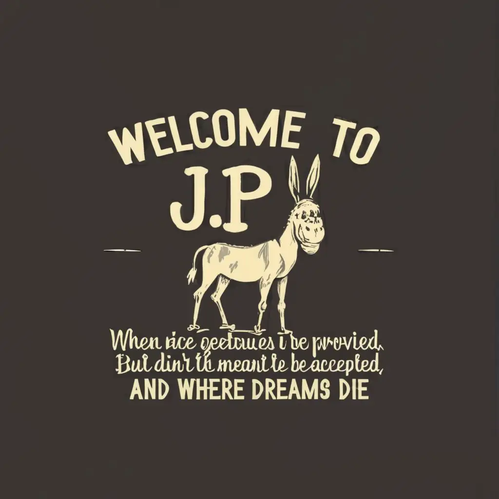 logo, donkey, with the text "Welcome to to JP's guest room. When nice gestures are provided but weren't meant to be accepted and where dreams die.", typography, be used in Nonprofit industry