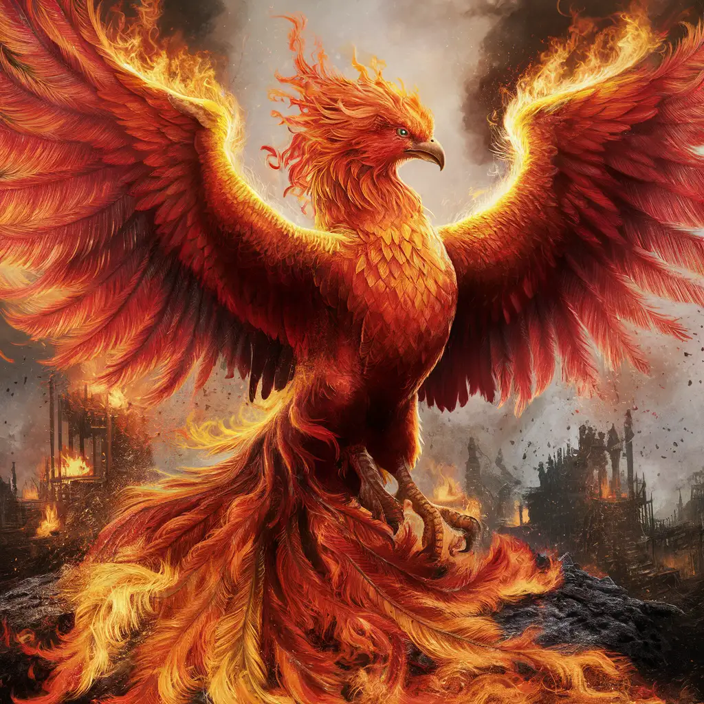 Vibrant Phoenix Rising from Fiery Ashes in Majestic Display