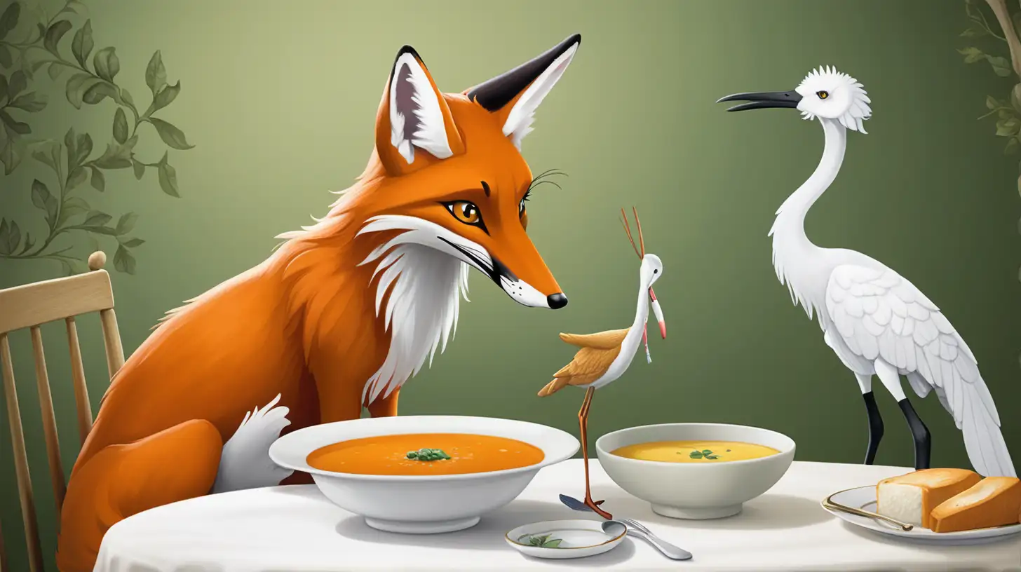 The Fox and the Stork
A fox and a stork with a long beak are sitting in front of the table.

There is a bowl of soup on a flat plate in front of the fox and the stork on the table, and the fox eats it deliciously, but the stork, whose beak is too long, cannot eat it and just looks at it.

There is nothing on the table except two.
