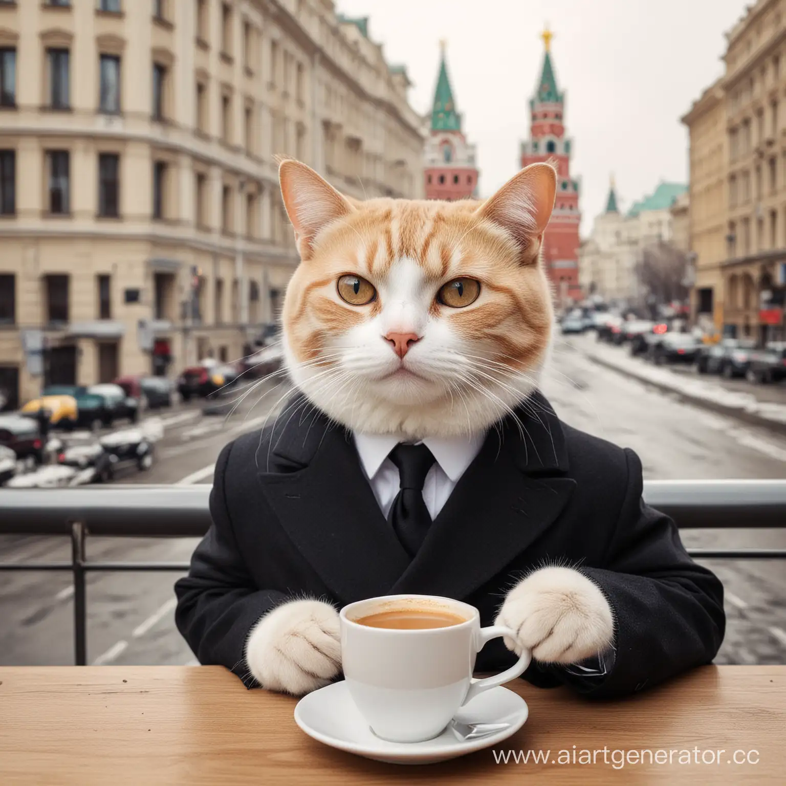 деловой кот в москва сити с чашечкой кофе