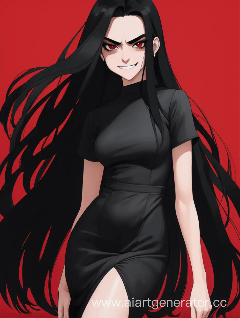 woman. a black dress. Long black hair. black heels. black eyes. an angry look. smile. red background
