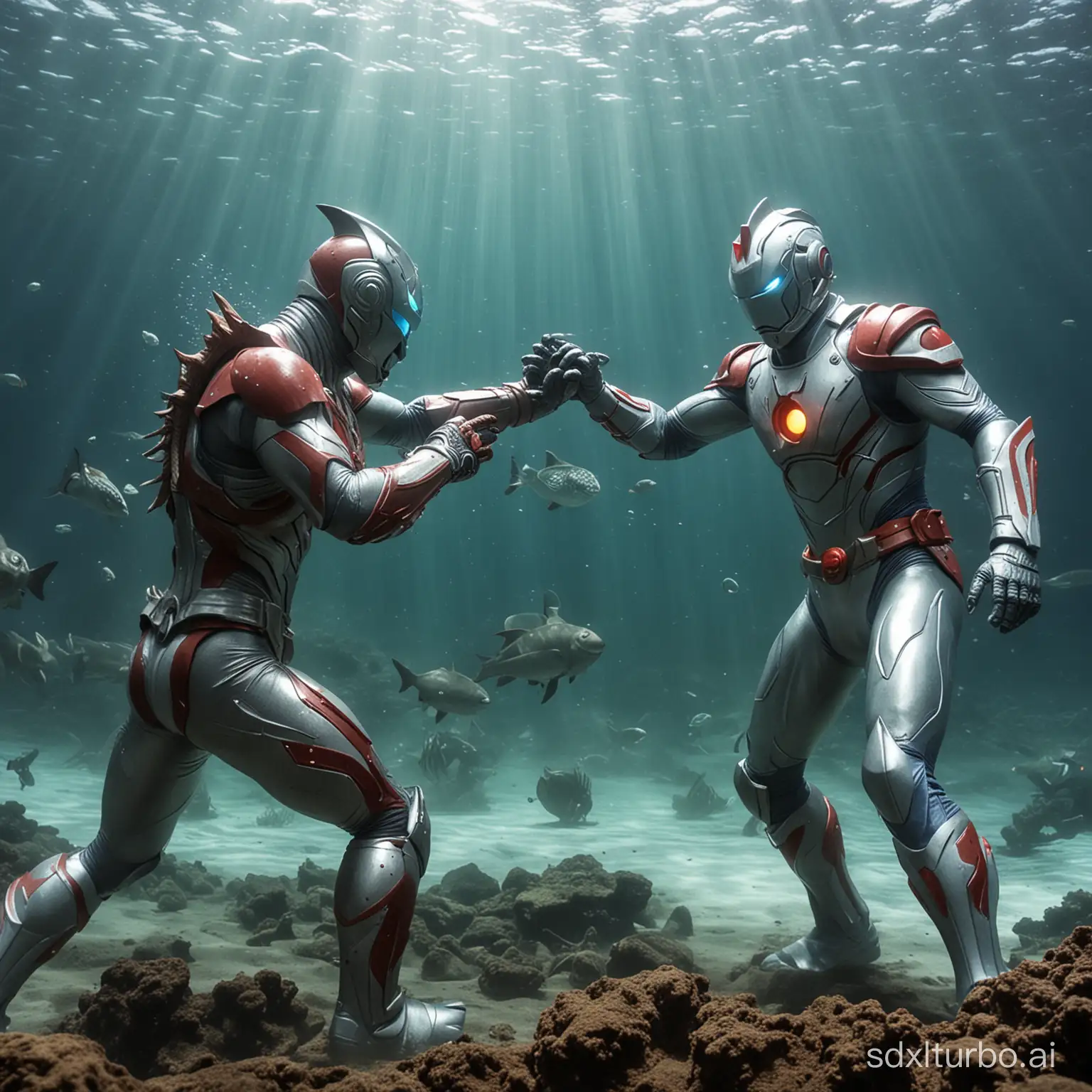 Under the sea, Ultraman and Ledi fight