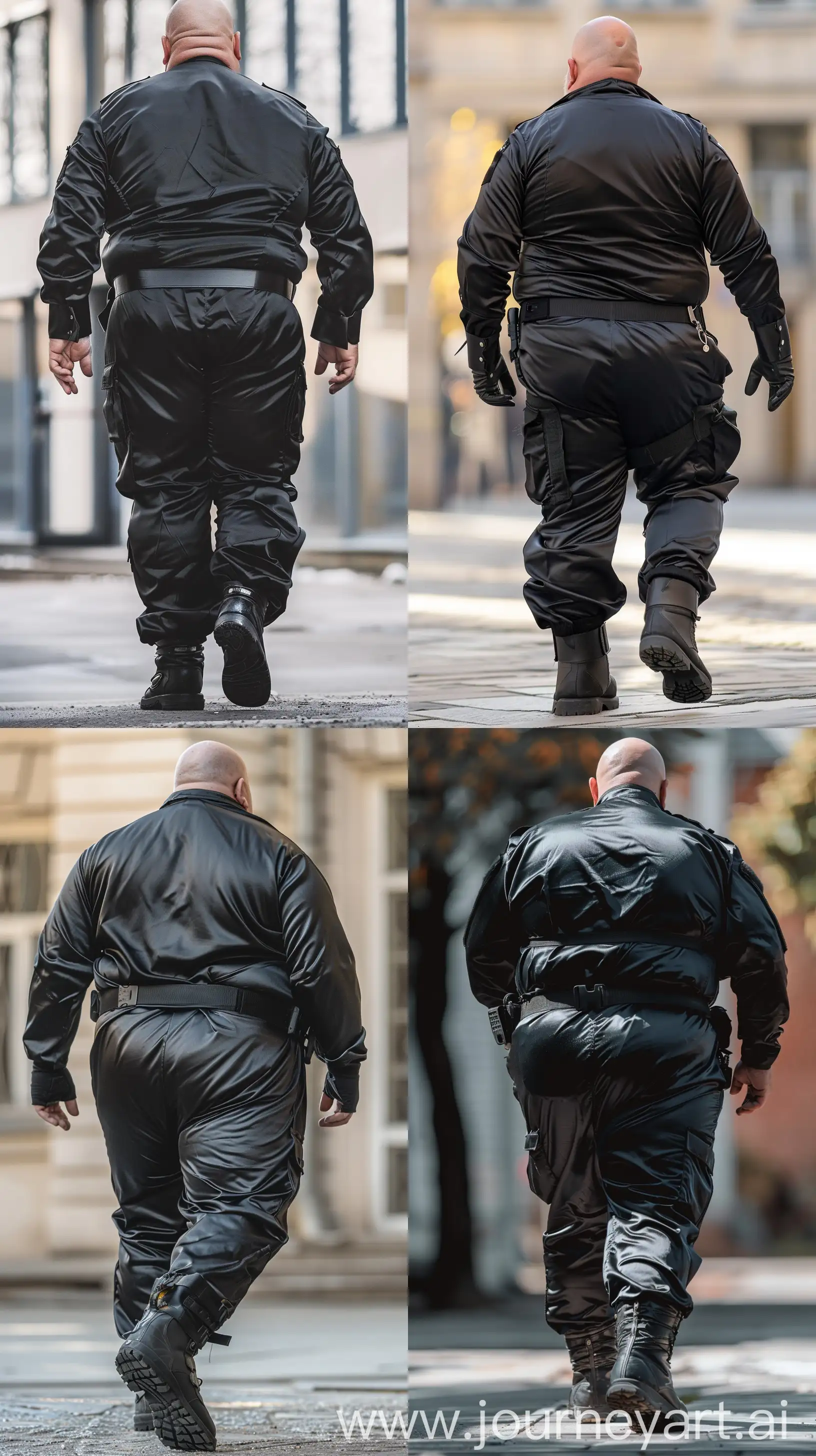 Close-up full body back view photo of a fat man aged 60 wearing a silk black security guard skinny-fitted full coverall tucked in black tactical boots. Black tactical belt. Walking wide. Outside. Bald. Clean Shaven. Natural light. --style raw --ar 9:16