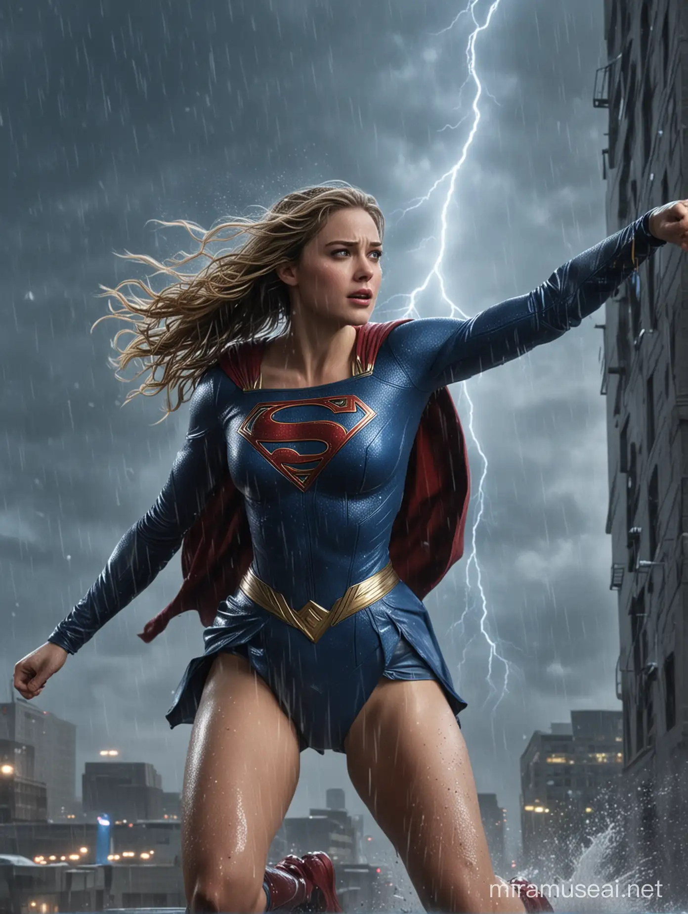 Supergirl dodges Wonderwoman's jump kick with an anticipatory look on her face, in the middle of the heavy rain, face and body wet, hair in a mess, their bodies soaking wet, on top of a building, blue lightning visible in the sky, very detailed