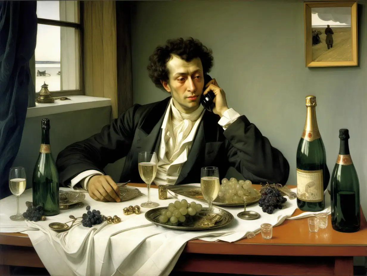 style by Vasnetsov, A. S. Pushkin the Russian poet is talking on a mobile phone sitting at a table on a table bottles of champagne everywhere