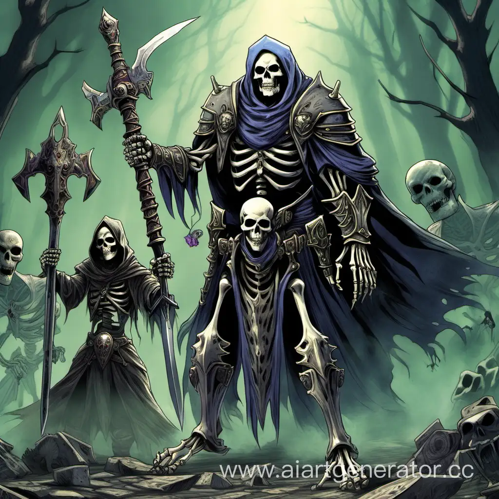 Спереди воин скелет в тяжёлой броне и двуручным мечом, а сзади него другой персонаж - нежить Лич