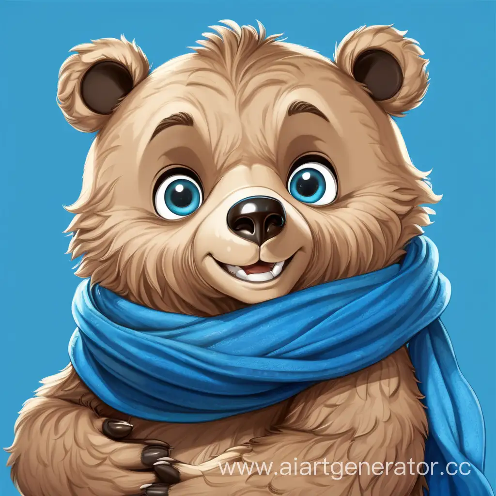 
A cute dad bear cub with big eyes with a blue scarf smiles and looks straight on me