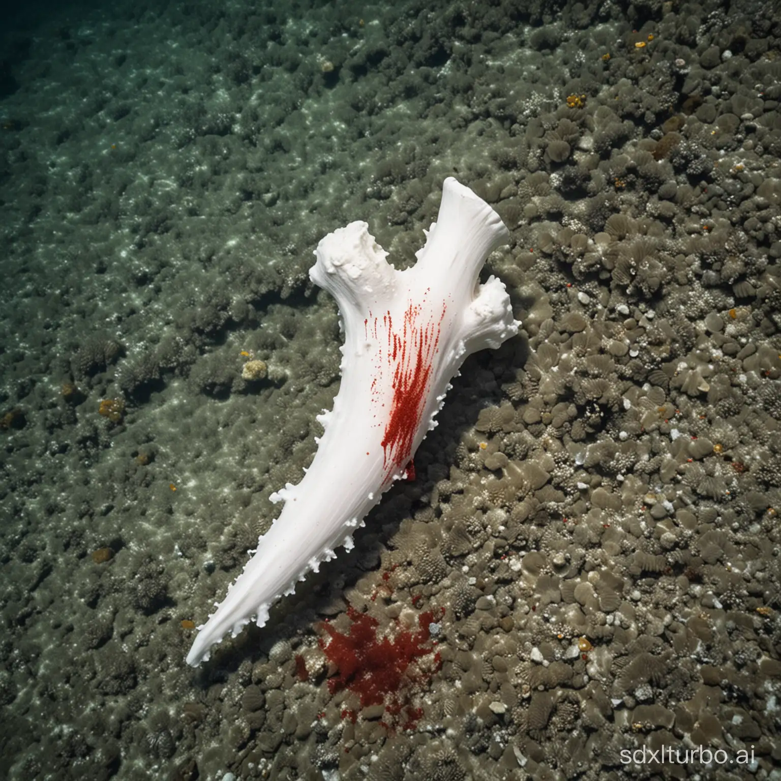 A white bone at the bottom of the sea is bleeding