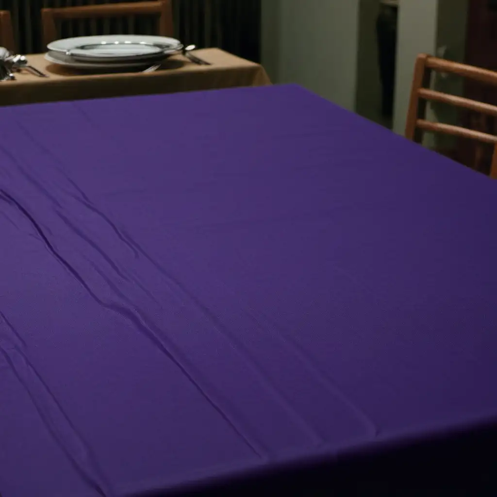 A purple cloth covers a table with no dishes on it