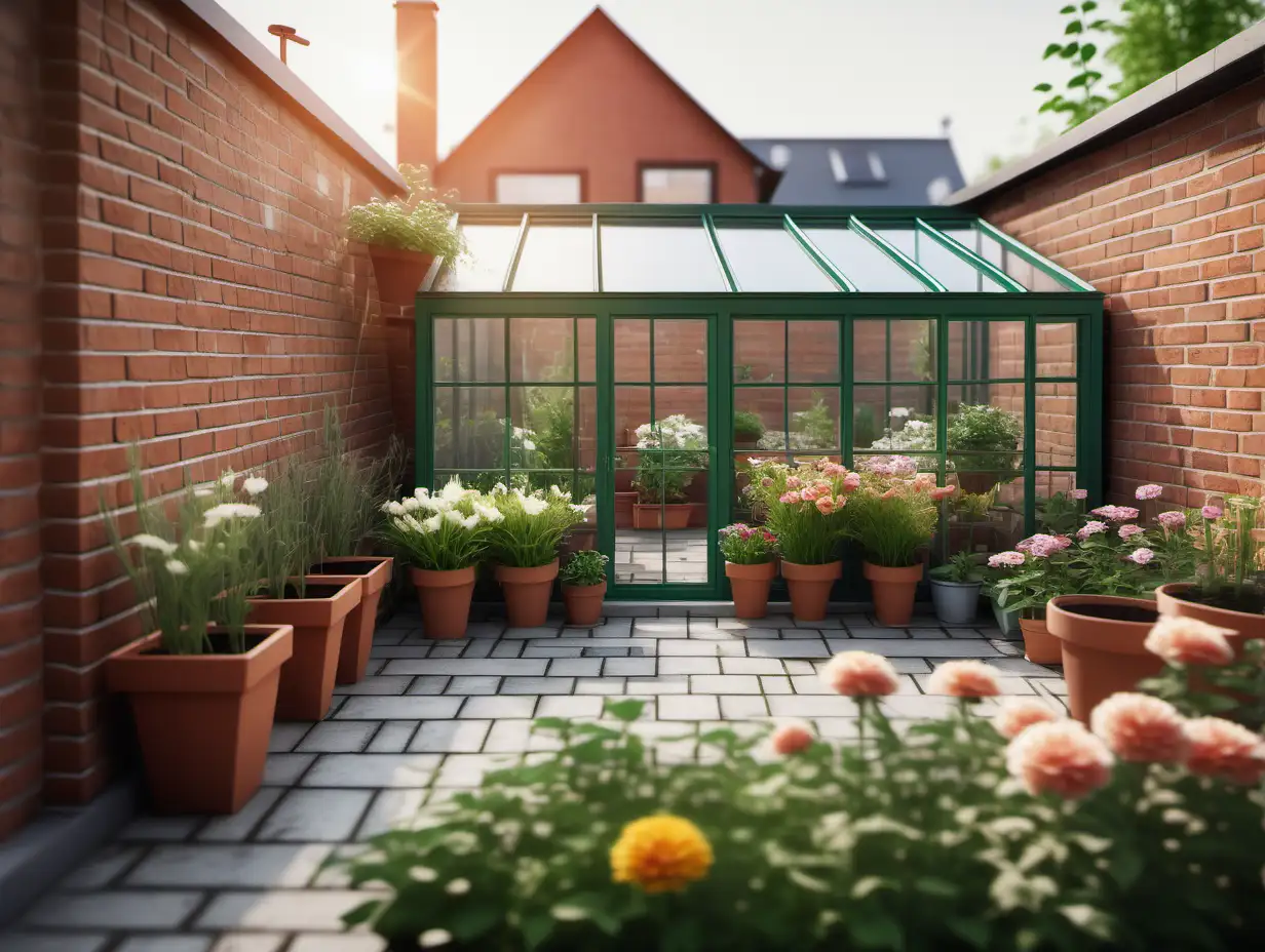 a view of a back yard with Brick walls at the back with flowers in pots, a small green house and very cozy and bright, normal perspektiv, natural light, realistic, shallow detph of field
