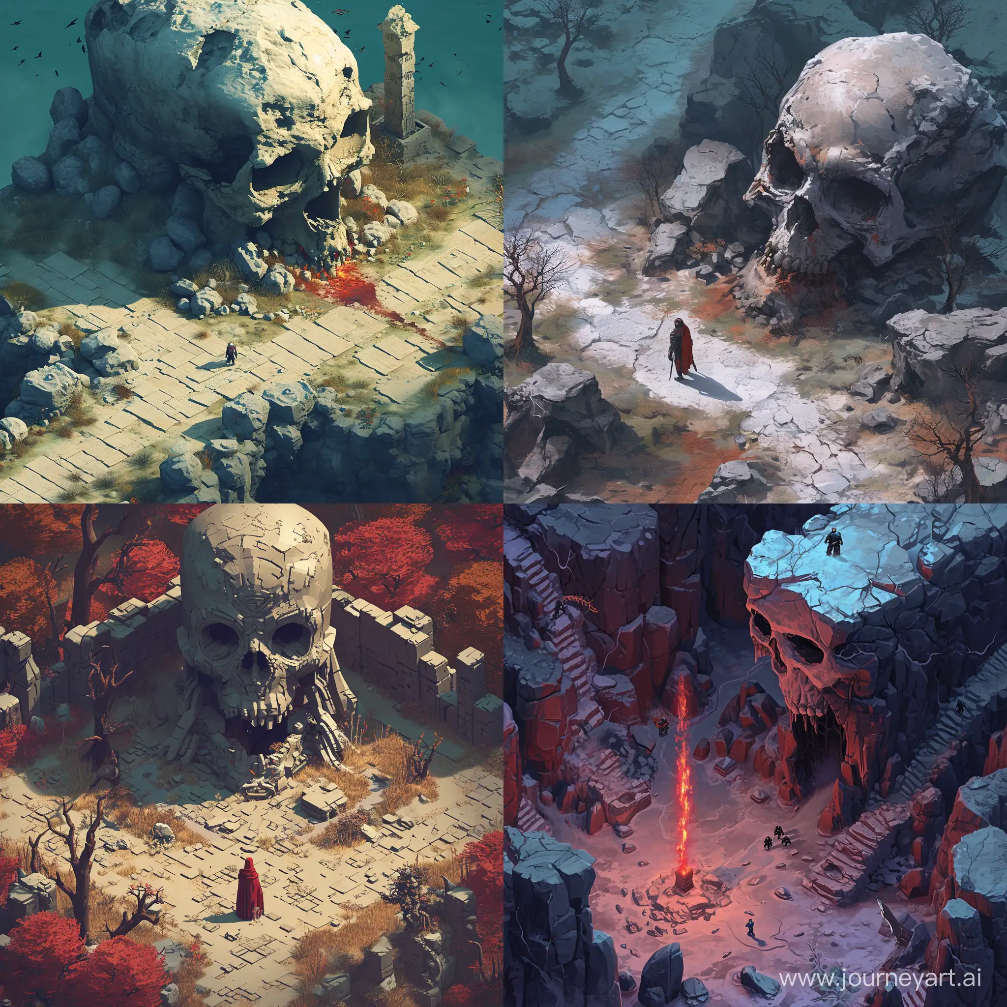 Isometric 8K realism, ::2. a warrior stands in a desolate land with a giant skull looming above them. The warrior is equipped with a sword and shield, there is a skull with glowing eyes in the background. The scene is set at dusk, there are crows flying around. --v 6