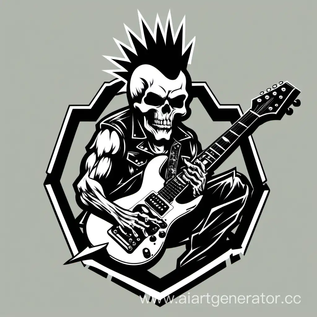 логотип: череп с ирокезом и со сломанной по полома электро гитарой во рту